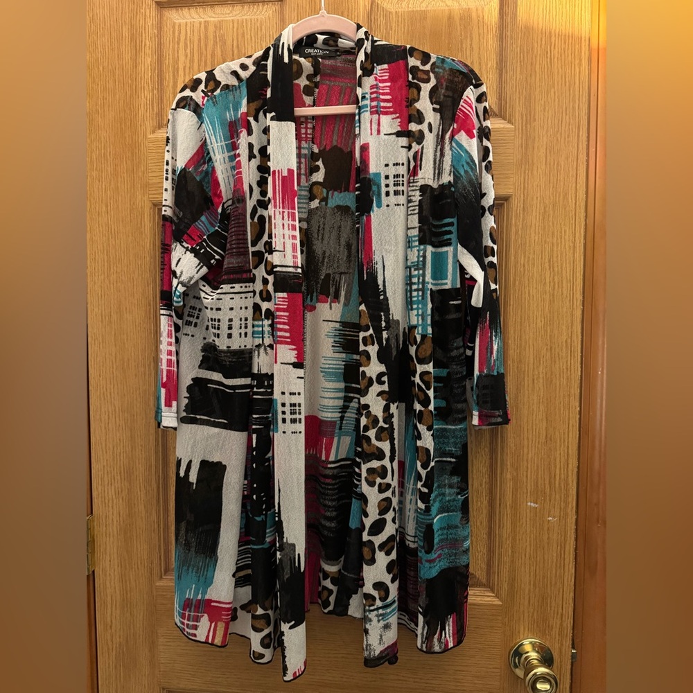 Creation Charming Printed Open Cardigan - Teal, Pink & Black Large